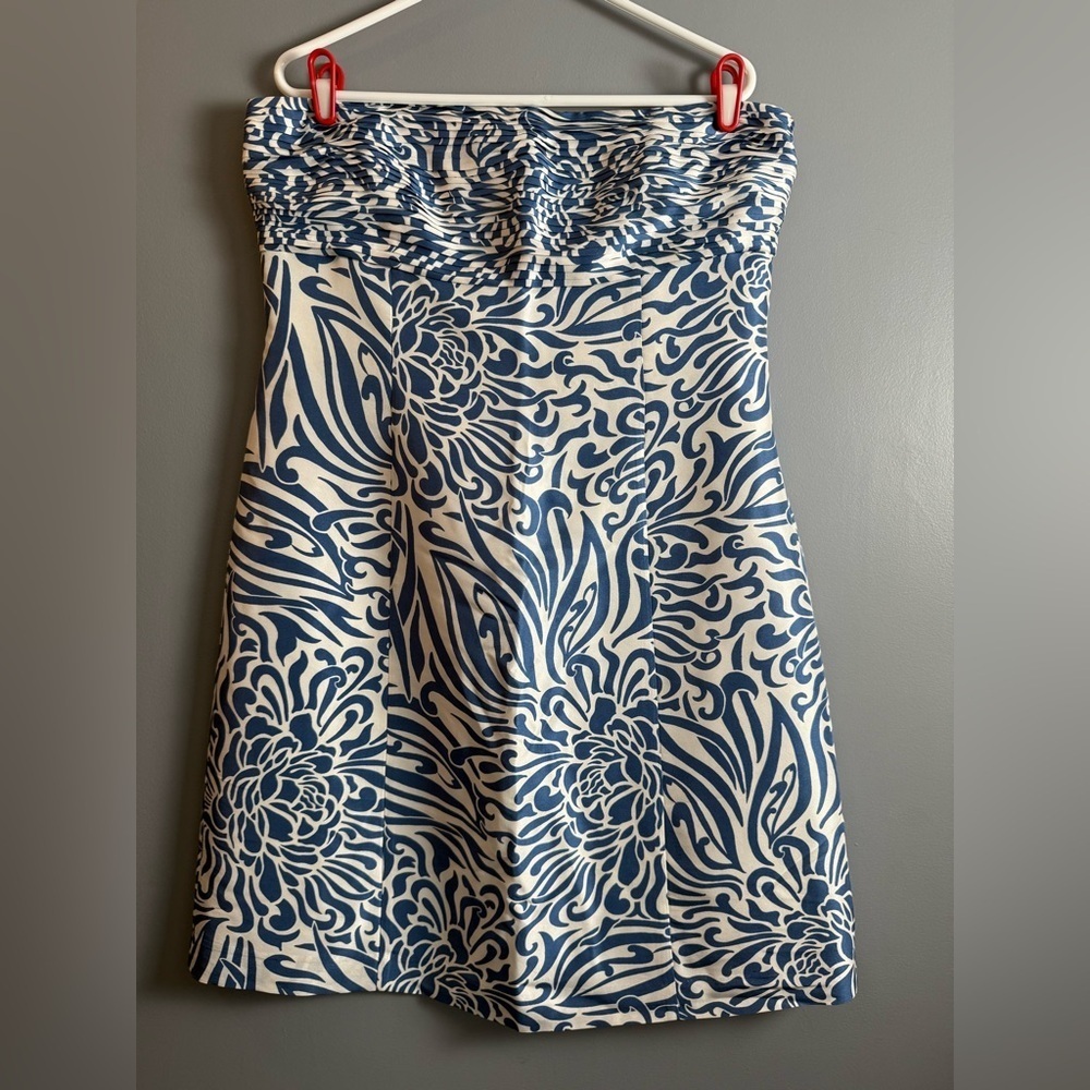 Ann Taylor Petites Strapless Blue Floral Boho Dress Size 14p 100% Silk